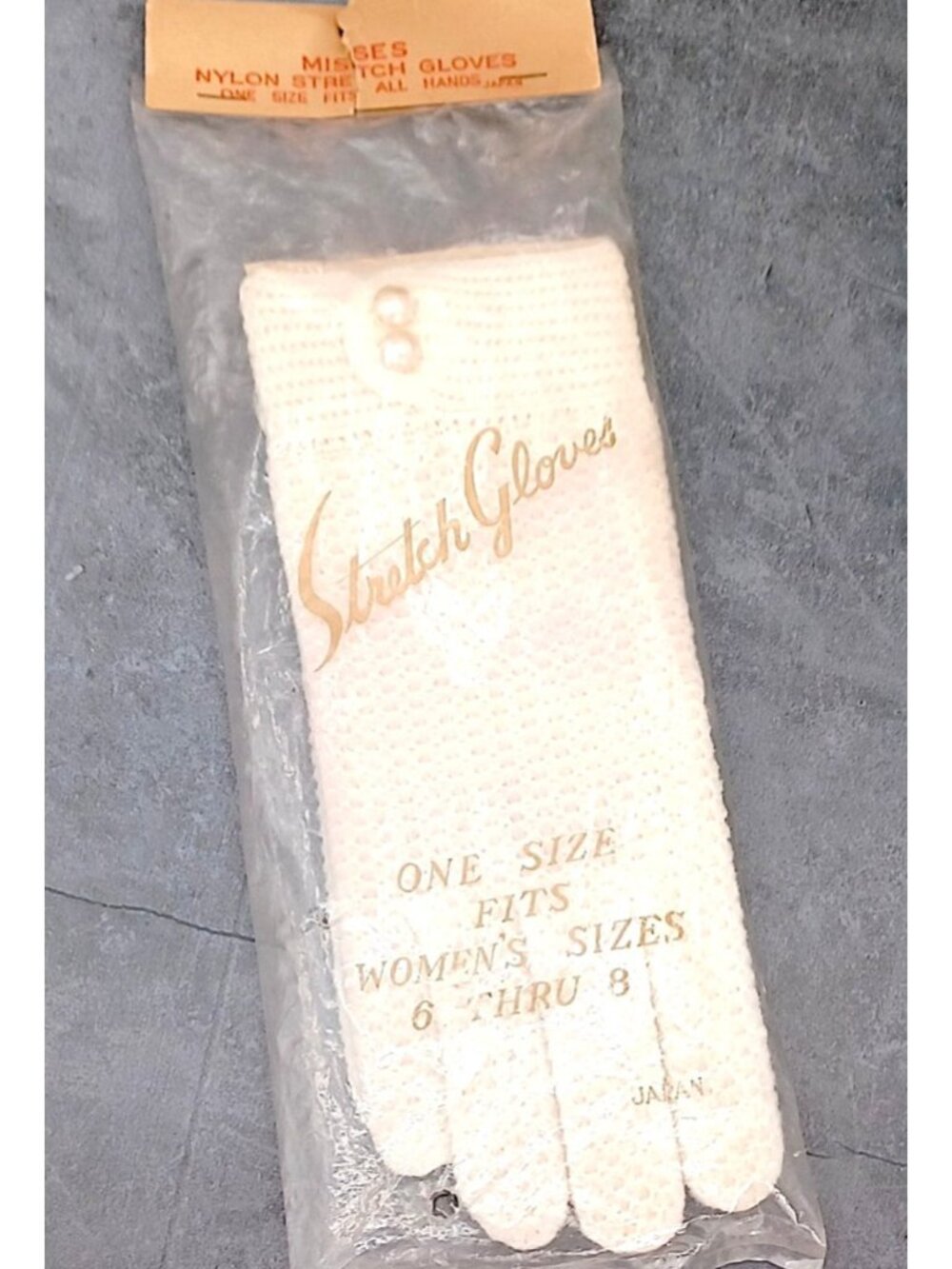 Cream White Fishnet Stretch Gloves /Pearl Buttons Formal 7.5"  Vintage Japan NOS